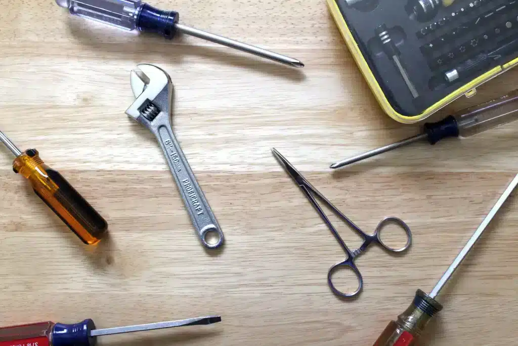 A view of some tools on a wooden board