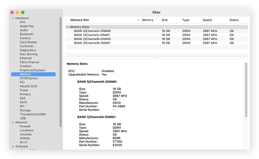 A view of the RAM memory info of a pc