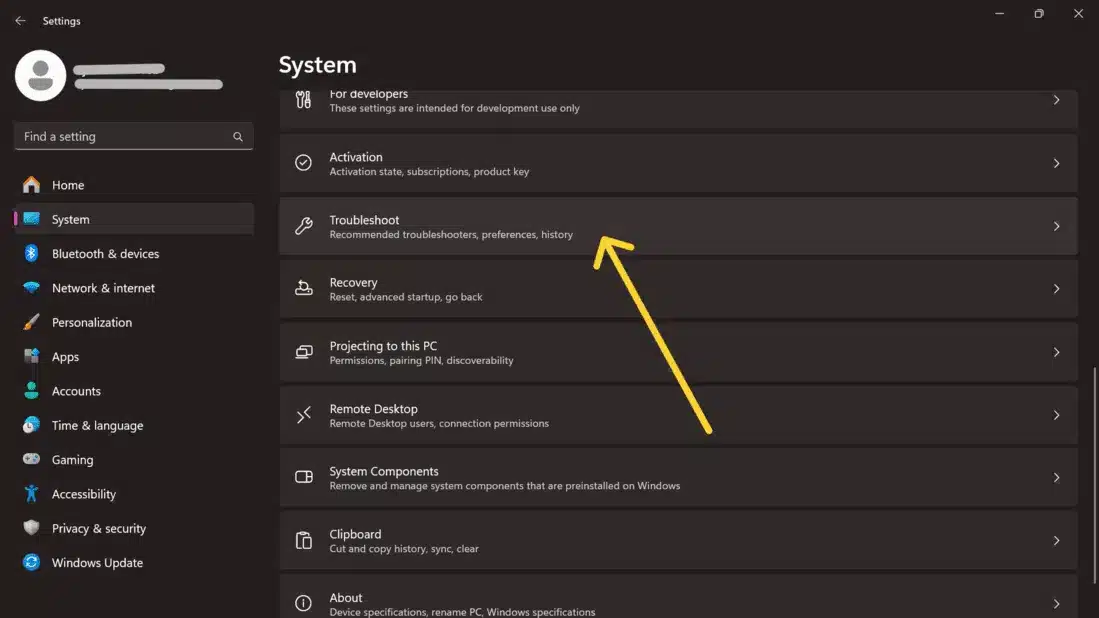 Troubleshooter in window setting