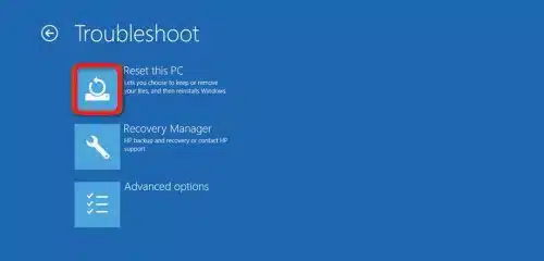 laptop screen showing the reset option in torubleshooter