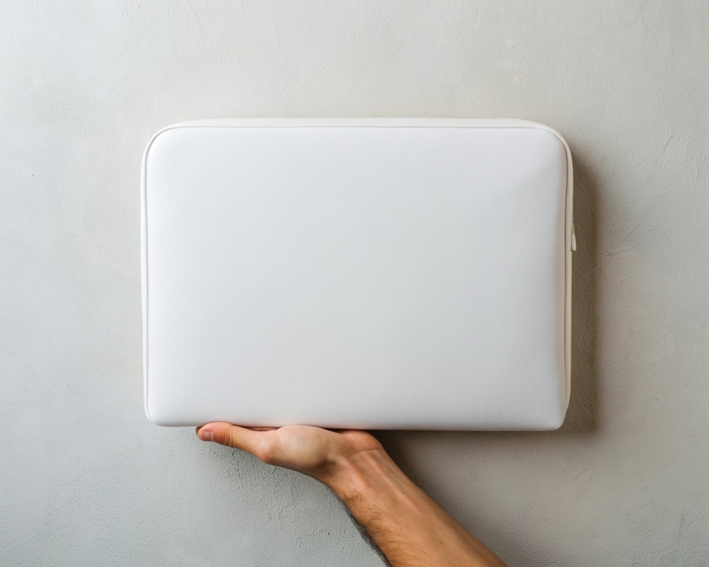 Hand Holding A Blank Laptop Sleeve Mockup White Leather Blank